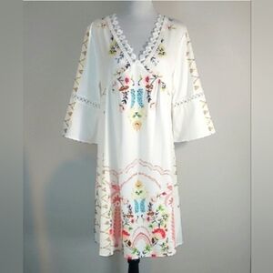 White Floral Print Lace Detail 3/4 Length Bell Sleeve Dress Size Medium